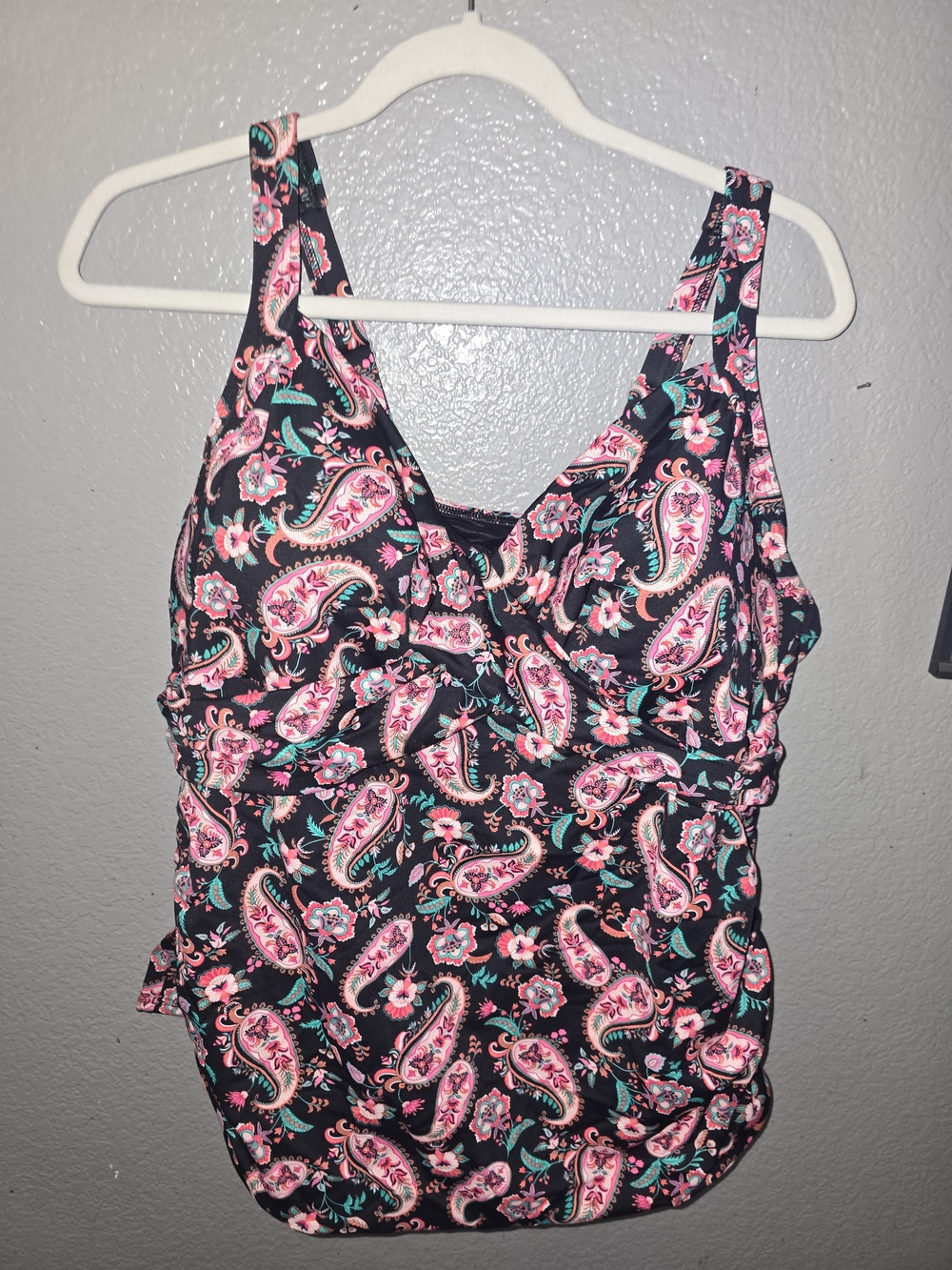 Lands' End Women's Black Paisley Tankini Top with Pink and Teal Accents